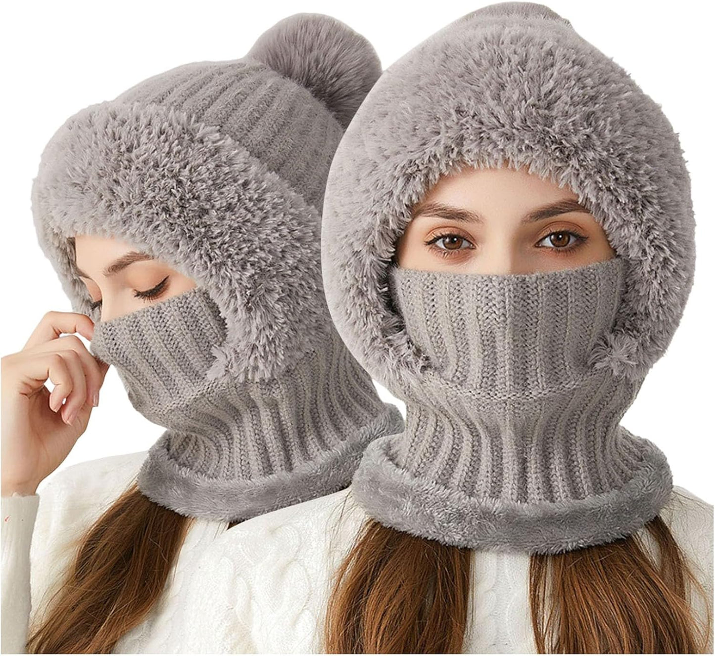 Women's Knitted Hat in Autumn and Winter, 3 in 1 Cold Resistant Hat, Wind-Resistant ScarfHat Face Mask Hooded Scarf