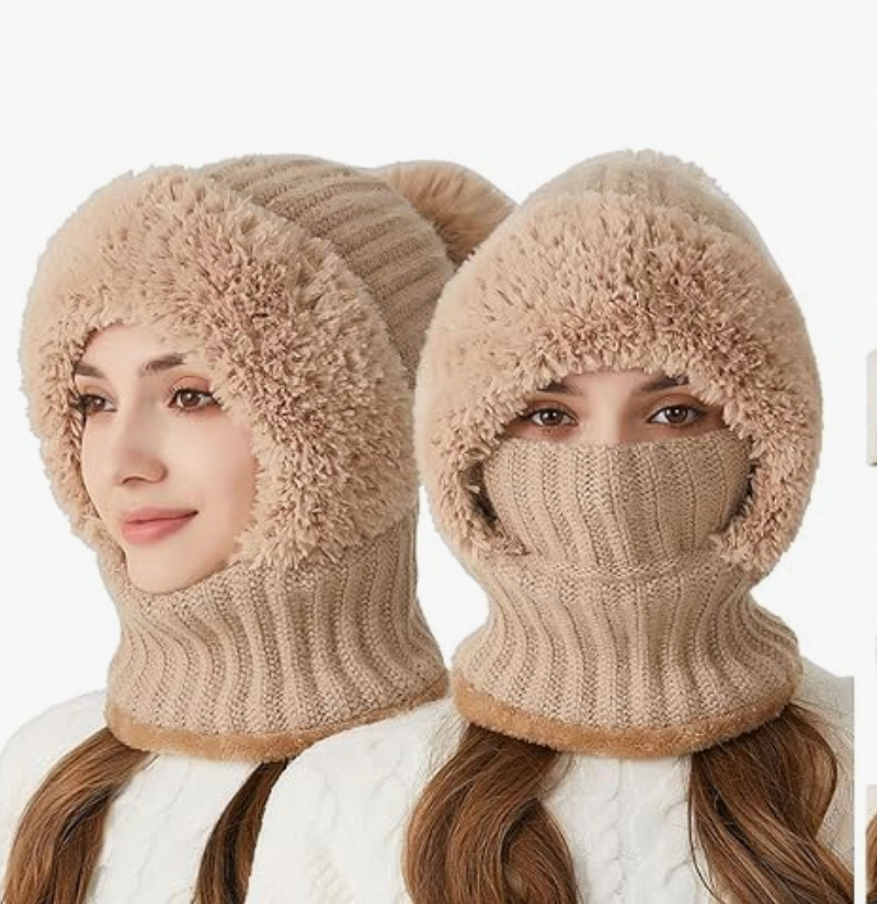 Women's Knitted Hat in Autumn and Winter, 3 in 1 Cold Resistant Hat, Wind-Resistant ScarfHat Face Mask Hooded Scarf