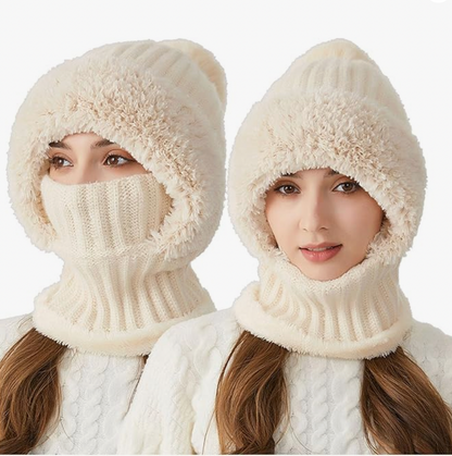 Women's Knitted Hat in Autumn and Winter, 3 in 1 Cold Resistant Hat, Wind-Resistant ScarfHat Face Mask Hooded Scarf