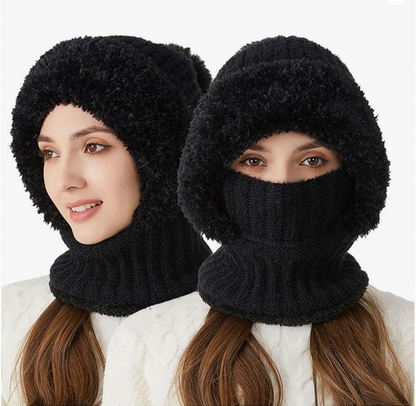 Women's Knitted Hat in Autumn and Winter, 3 in 1 Cold Resistant Hat, Wind-Resistant ScarfHat Face Mask Hooded Scarf