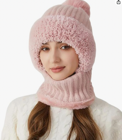 Women's Knitted Hat in Autumn and Winter, 3 in 1 Cold Resistant Hat, Wind-Resistant ScarfHat Face Mask Hooded Scarf